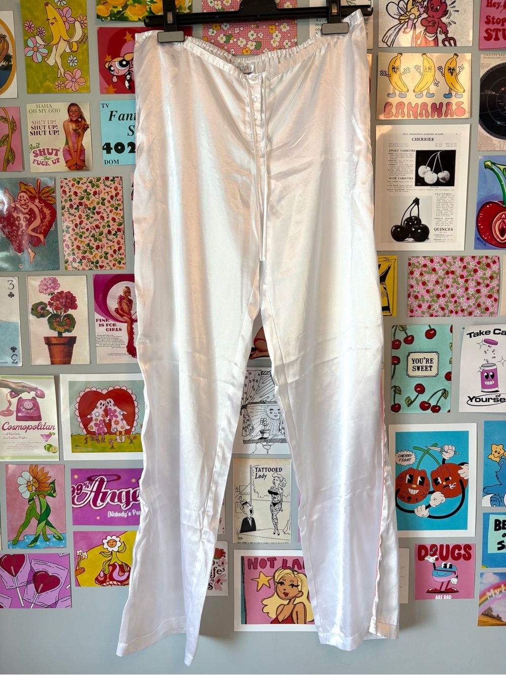 Vintage La SENZA White Satin Lounge Pants with Button Front and Pink Lining